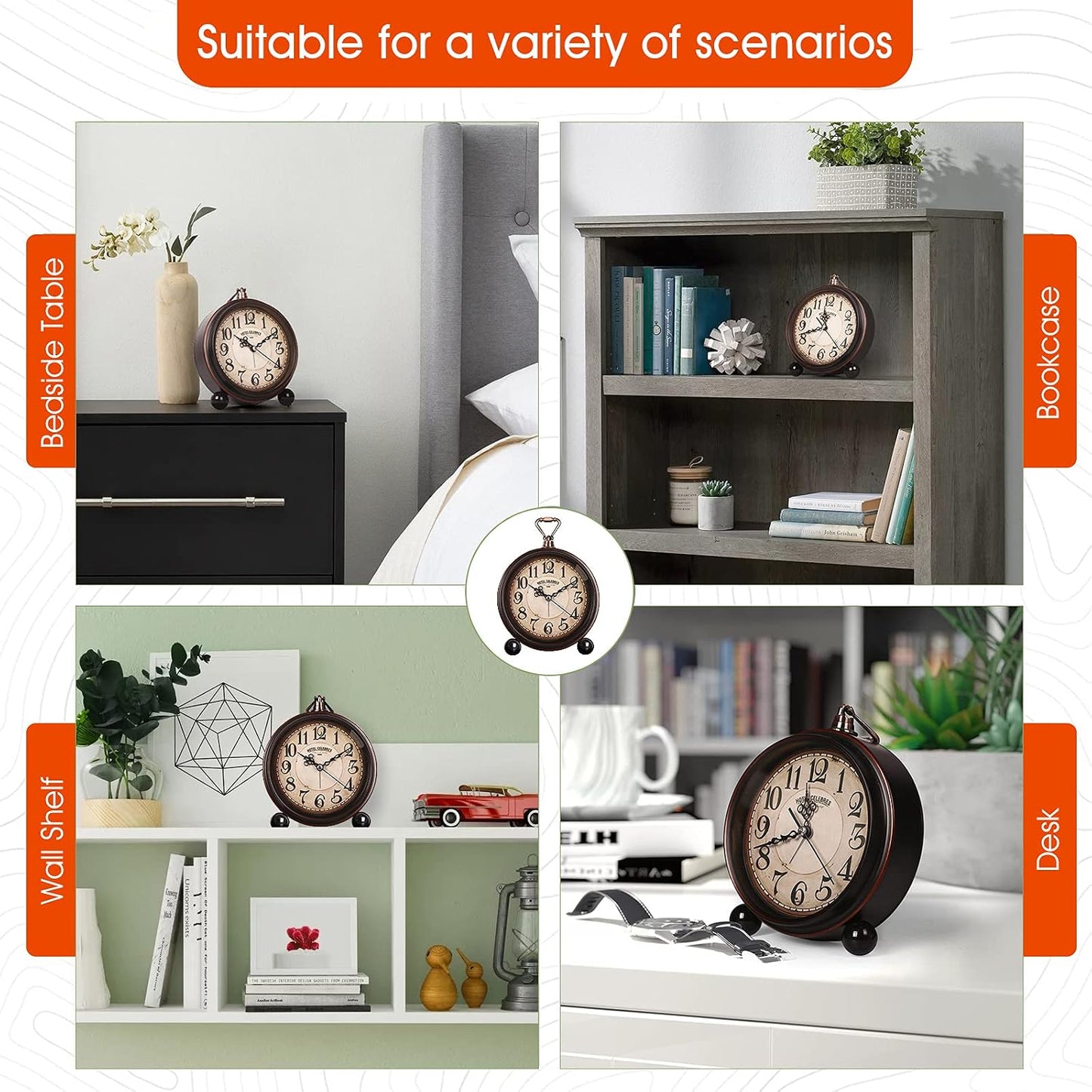 RODH Battery Alarm Clock,Vintage Retro Alarm Clock with Night Light，Hangable,Super Silent, Non Ticking Analog Small Table Clock for Bedroom,Bedside, Desk,Shelf