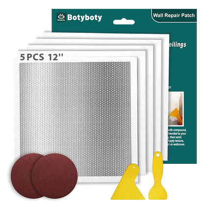 Drywall Repair Kit 12 x 12 Inch Drywall Patch Kit Large Hole (5Pcs) Wall Patch Repair Kit for Ceiling Large Holes Heavy Duty Extended Self-Adhesive Mesh Dry Wall Patches Kits with Scraper Sandpaper