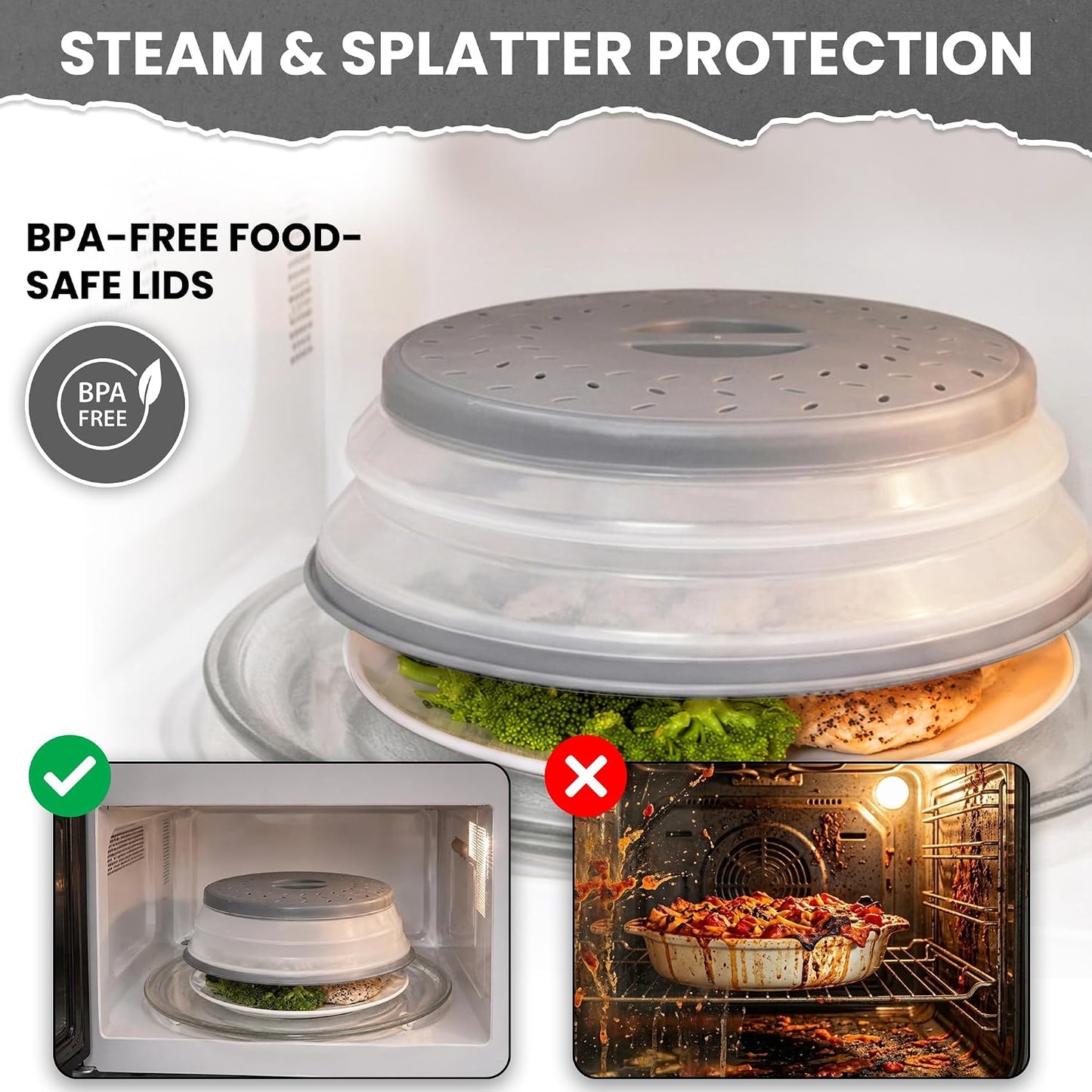 Collapsible Microwave Splatter Cover for Food, 10.5 Inch, Pack of 2 | Silicone and plastic, steam vent, BPA free, reusable, food splatter guard, 2 pack set
