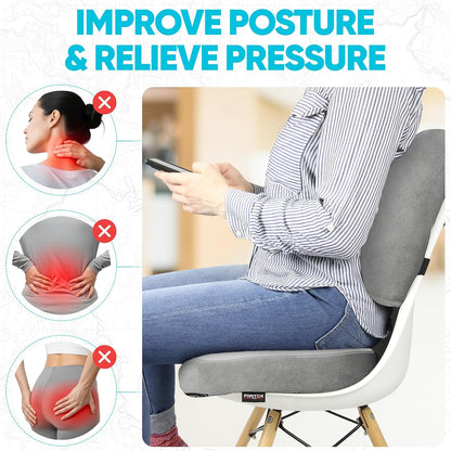 FORTEM Seat Cushion, Office Chair Cushion, Lumbar Support Pillow for Office Chair, Memory Foam Car Seat Cushions, Sciatica Coccyx Tailbone Pain Relief, Cushions for Back Support, Washable, Non Slip