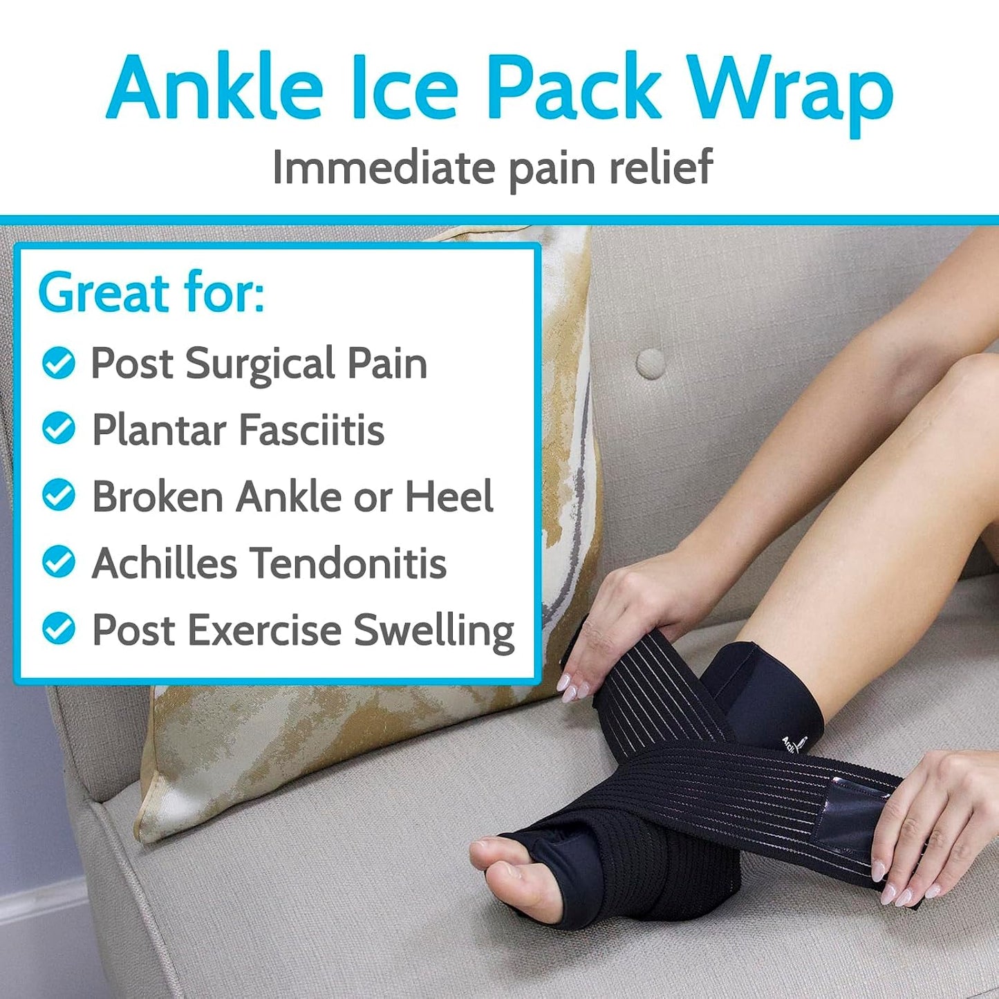 Vive Arctic Flex Ankle Ice Pack Wrap for Swelling - Adjustable Hot & Cold | Gel Compression for Foot & Heel Injuries Reusable, Pain Relief, Reusable Cooling Therapy