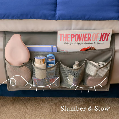 Houseify Slumber & Stow Hanging Bedside Caddy Organizer, 5 Pockets | Bed caddy, couch caddy, mesh storage for phones, tablets, remotes, books, glasses, bunk beds, RVs, dorm rooms, 10"x17.3"