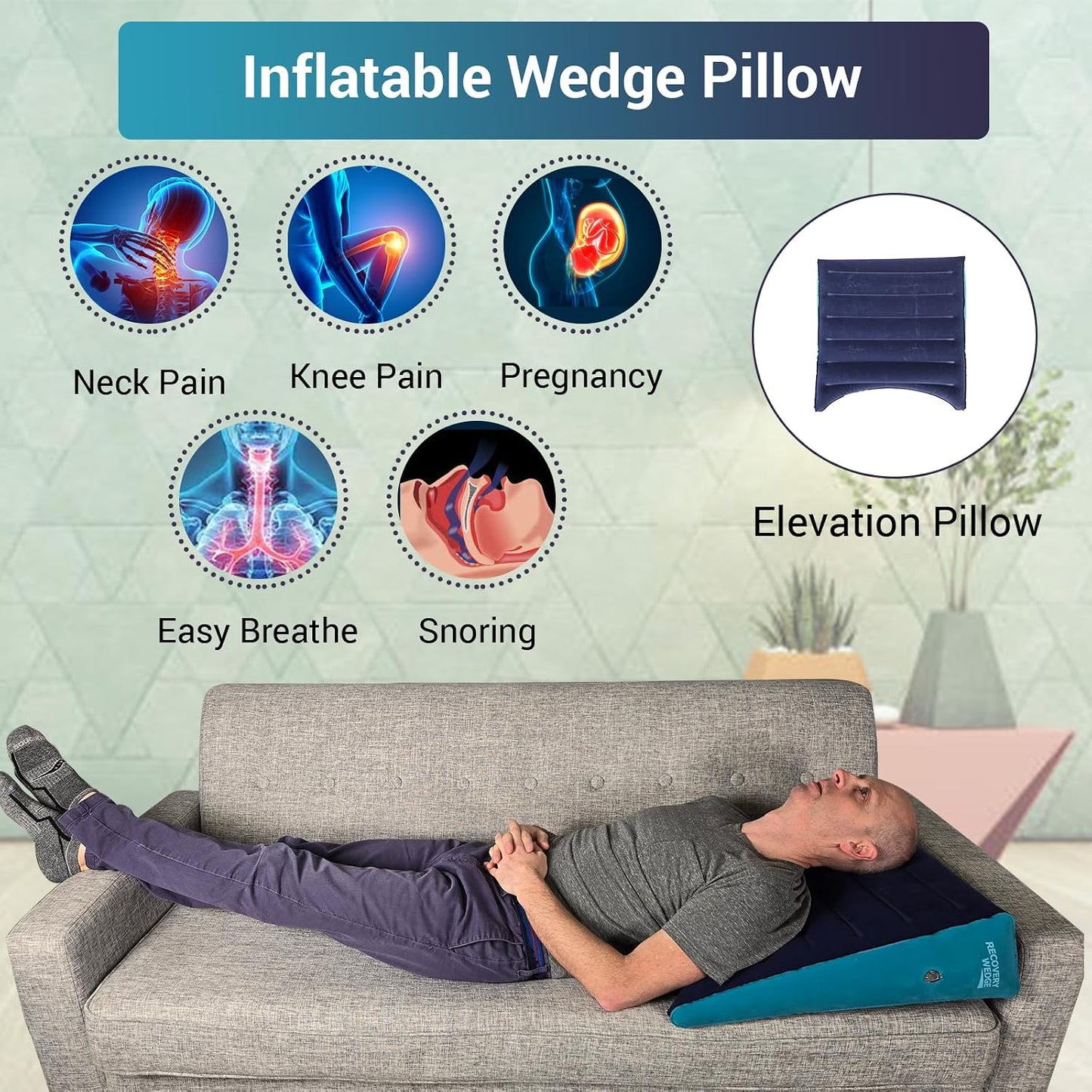 Leg Elevation Pillow by Recovery Wedge, Inflatable Wedge Pillow for Sleeping and Post-Surgical, Improve Circulation and Reduce Swelling, Speed Injury Recovery. (Large triangle)