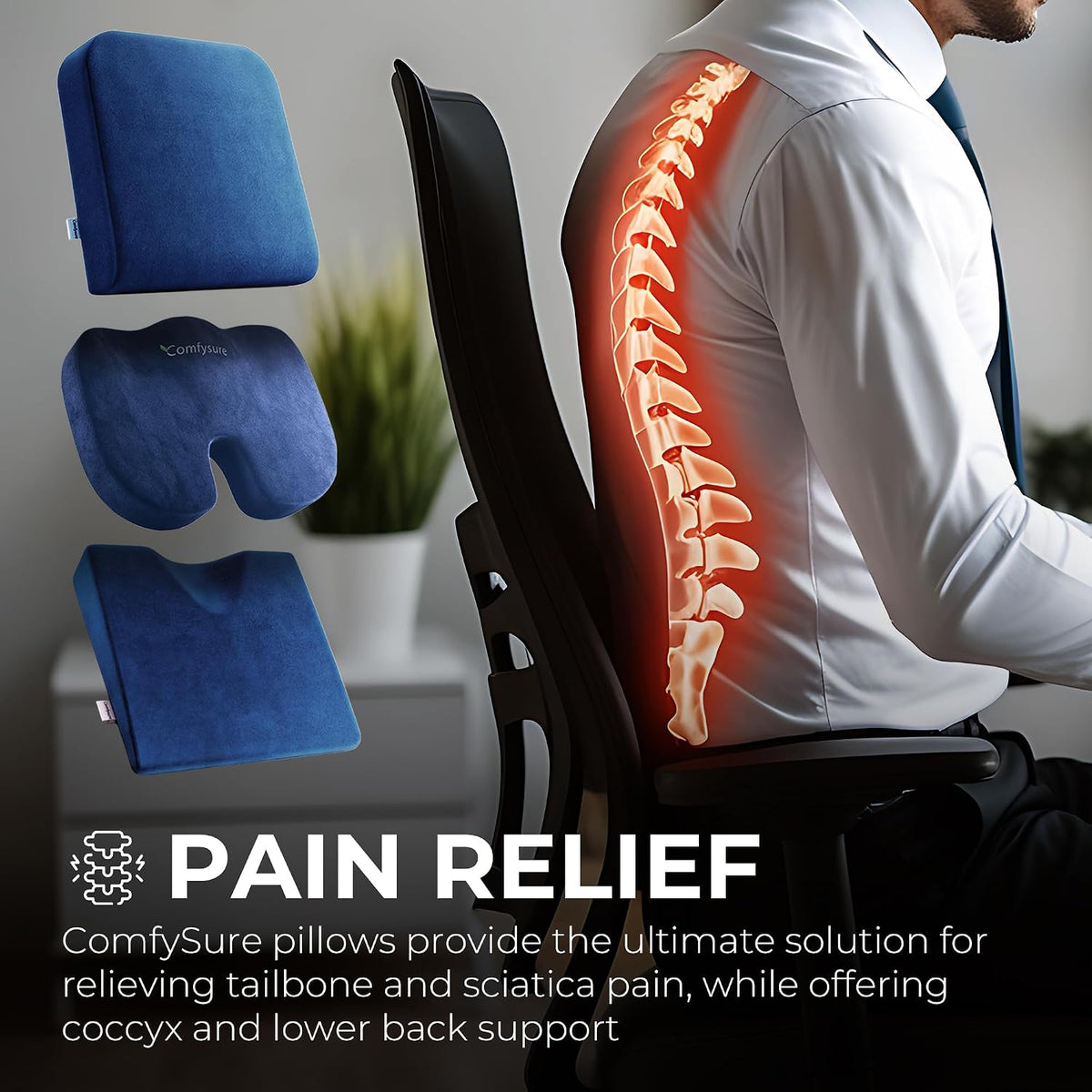 Memory Foam Seat Cushion - Tailbone Pain Relief Cushion, Non-Slip Sciatica Pain Relief Pillow - Cushion for Office Chair, Car, Wheelchair, Computer, Desk Chair - Coccyx, Lower Back Support (Navy)