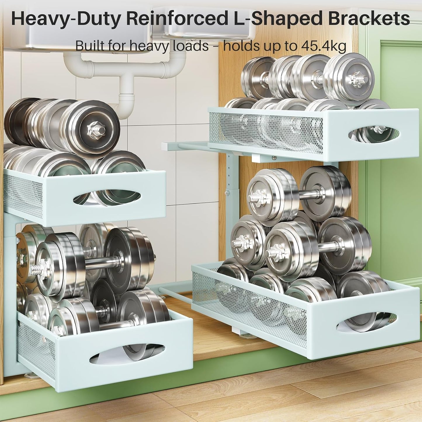 Under Sink Organizer, 2 Tier Pull out Cabinet Organizer Baskets with Mesh Sliding Drawers, Slide out Storage Shelf for Home, Kitchen, Bathroom, Pantry, Office Cabinet, Countertop(1 Pack)