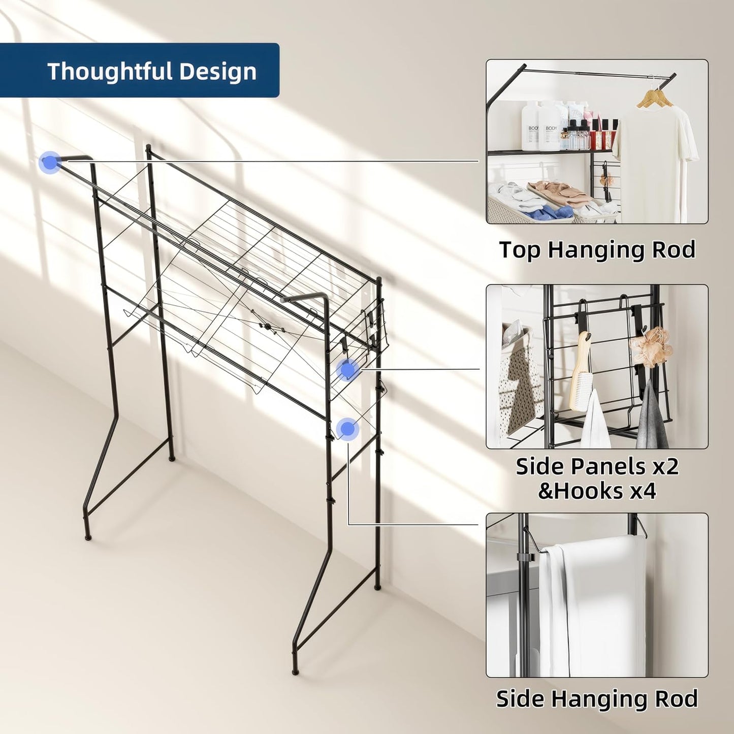 Laundry Room Storage Shelf & Organizer, 2 Tier Metal Over Washer and Dryer Shelves, Washing Machine Shelf with Hanger Rod, Expandable Bathroom Space Saver Shelf, 26–37" L x 15.8" W x 59.5" H, Black