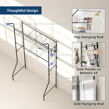 Laundry Room Storage Shelf & Organizer, 2 Tier Metal Over Washer and Dryer Shelves, Washing Machine Shelf with Hanger Rod, Expandable Bathroom Space Saver Shelf, 26–37" L x 15.8" W x 59.5" H, Black