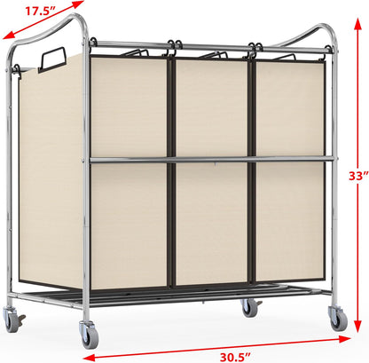 Simple Houseware Heavy Duty 3-Bag Laundry Sorter Rolling Cart, Dark Grey | Removable Bags and Lockable Wheels for Laundry Room Organization