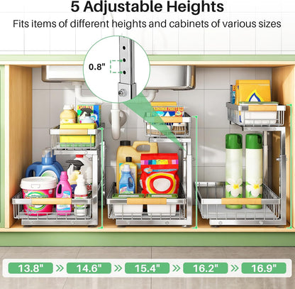 Kitstorack Under Sink Organizer, 2 Tier Under the Sink Storage, Slide out Pull out Cabinet Organizer Shelf, Metal Sliding Drawer for Kitchen Bathroom Pantry Closet Organization Rack, Black, 2 Pack