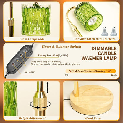 HAIDOLIANG Blue Candle Warmer Lamp with Timer and Dimmer | Height and Brightness Adjustable,Glass Electric Wax Warmer with 2 Bulbs for Women Gifts, Home Decor for Scented Jar Candles