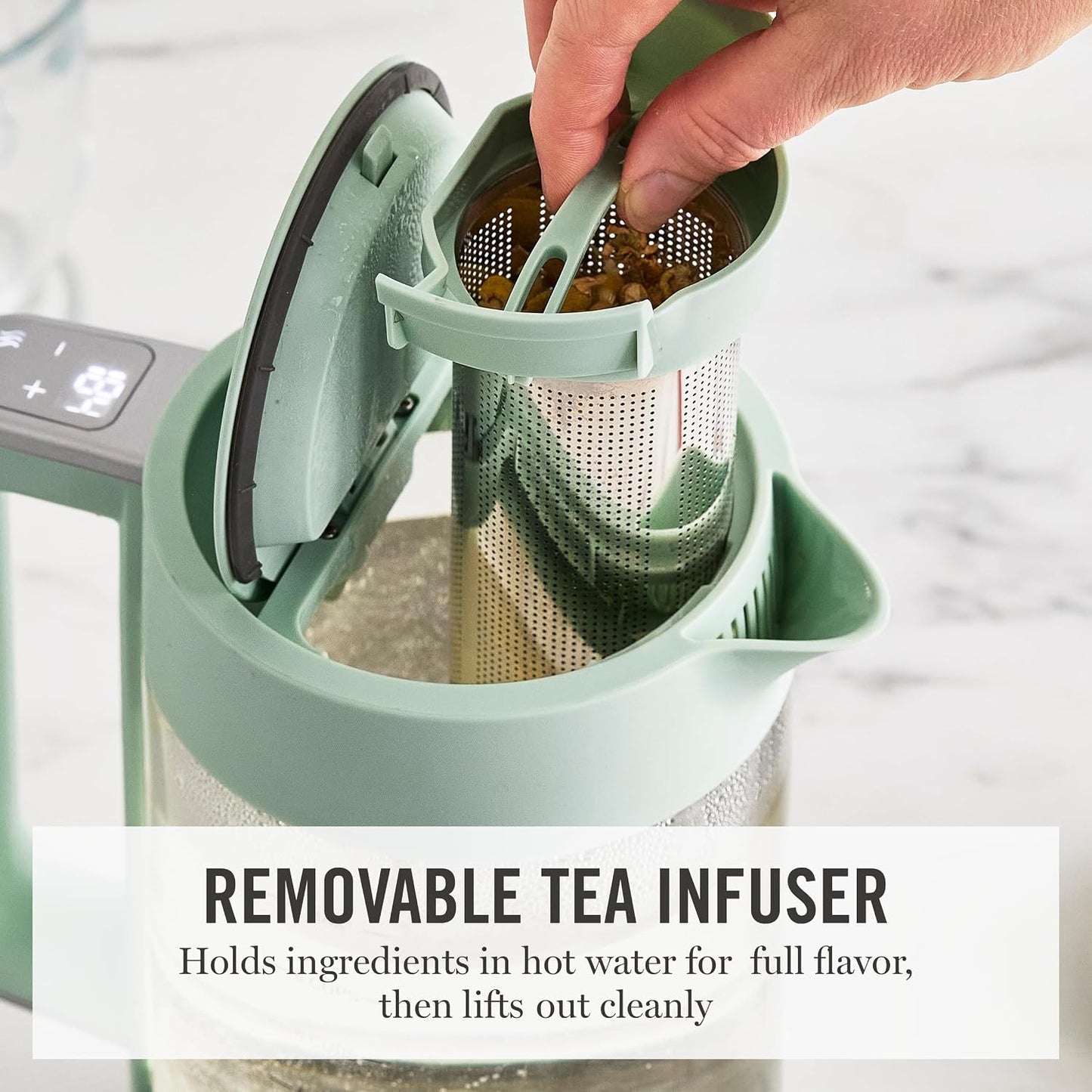 Martha Stewart 1.7L Glass Carafe Electric Kettle with Removable Tea Infuser | 7 Cups, 4 Presets, Rapid Boiling, Stainless Steel Tea Leaf Infuser, Cordless Swivel Base, Keep Warm, Auto Shut-Off, Linen