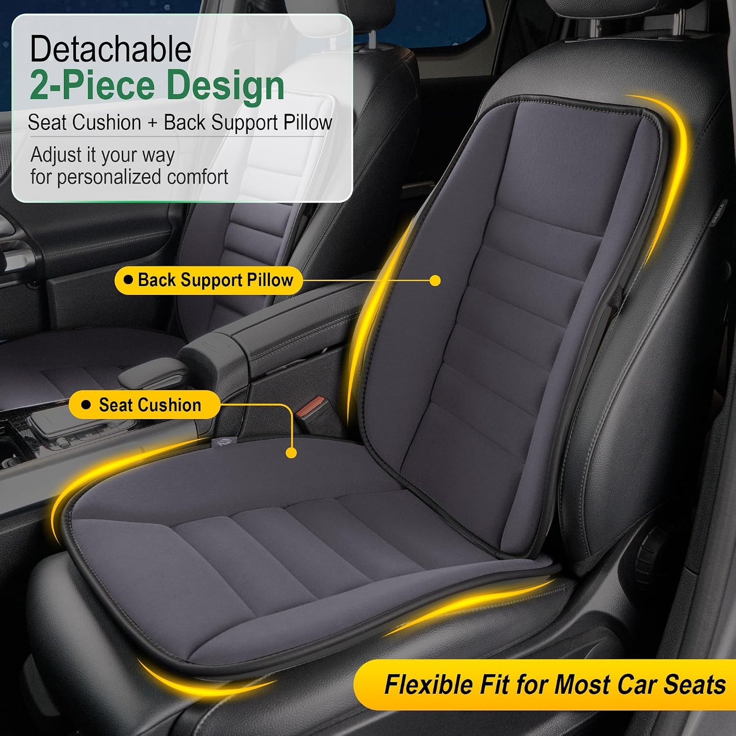 kingphenix Car Seat Cushion with Back Support Pillow, Memory Foam, Black | Memory Foam Car Cushion for Long Driving, Truck, Office Chair, Tailbone and Lower Back Support