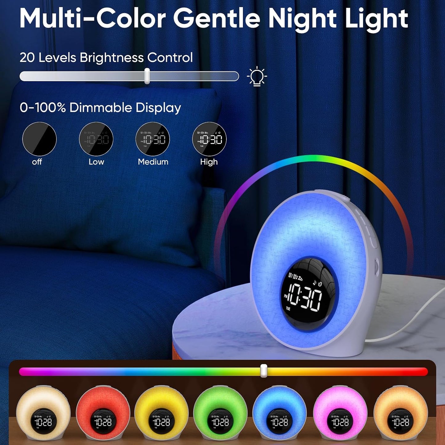AFEXOA Sunrise Alarm Clock with Wake Up Light & White Noise Machine | 30 Soothing Sounds, 8 Color Dimmable Night Light, Dual Alarm Clocks for Bedroom Heavy Sleepers/Adults/Kids