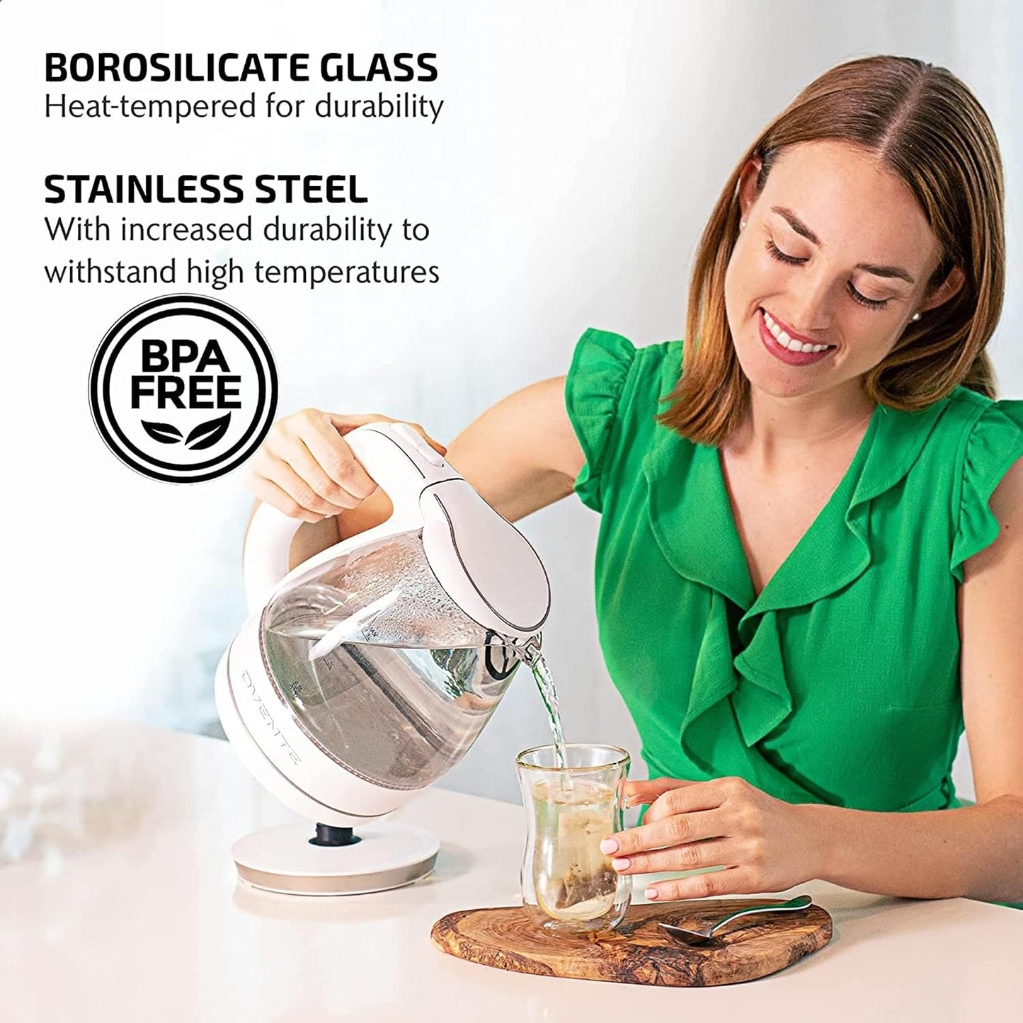 OVENTE 1.5L Glass Electric Kettle Water Boiler, Black KG83B | 1100W Fast Boiling, Borosilicate Glass, BPA-Free, Blue LED, Auto Shut-Off, Boil-Dry Protection, Removable Filter, 360° Base