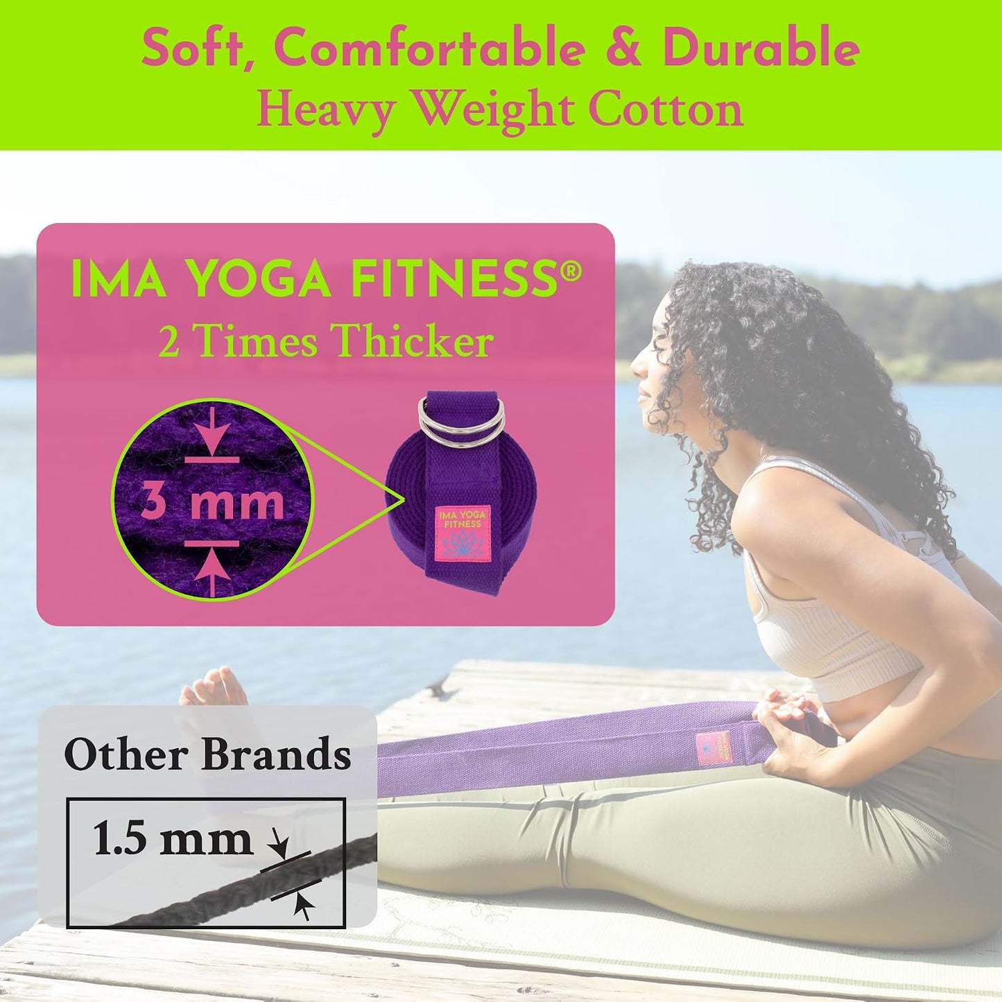 Adaptive Yoga Strap for Stretching - Extra-Wide 2 Inches 100% Cotton Stretch Strap with Steel D-Rings for Physical Therapy, Pilates & Flexibility - Storage Pouch & E-Book