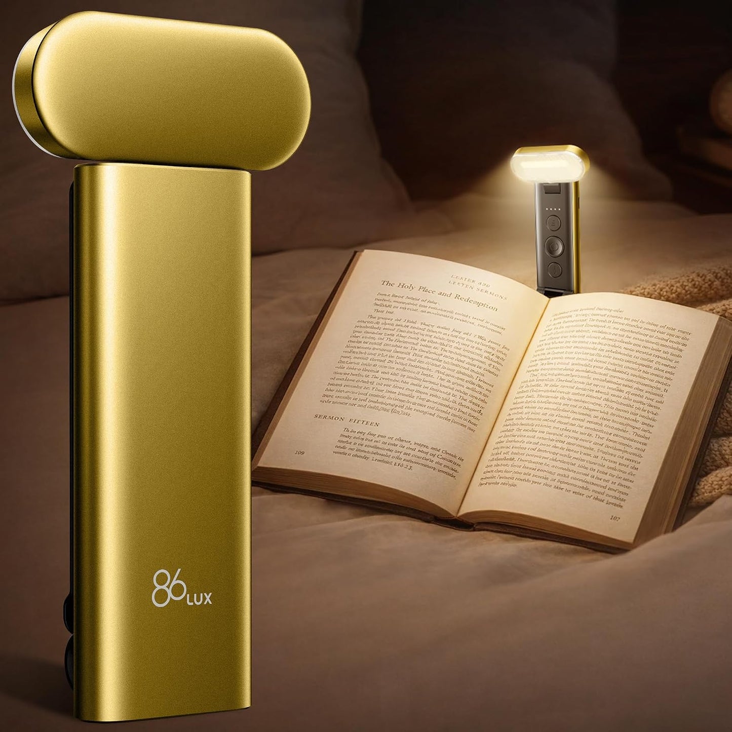 86lux Book Light, Rechargeable Reading Light for Book in Bed | 3 Color Modes & Stepless Dimming, Aluminum Alloy LED Bookmark Light for Book Lovers, Technology Black