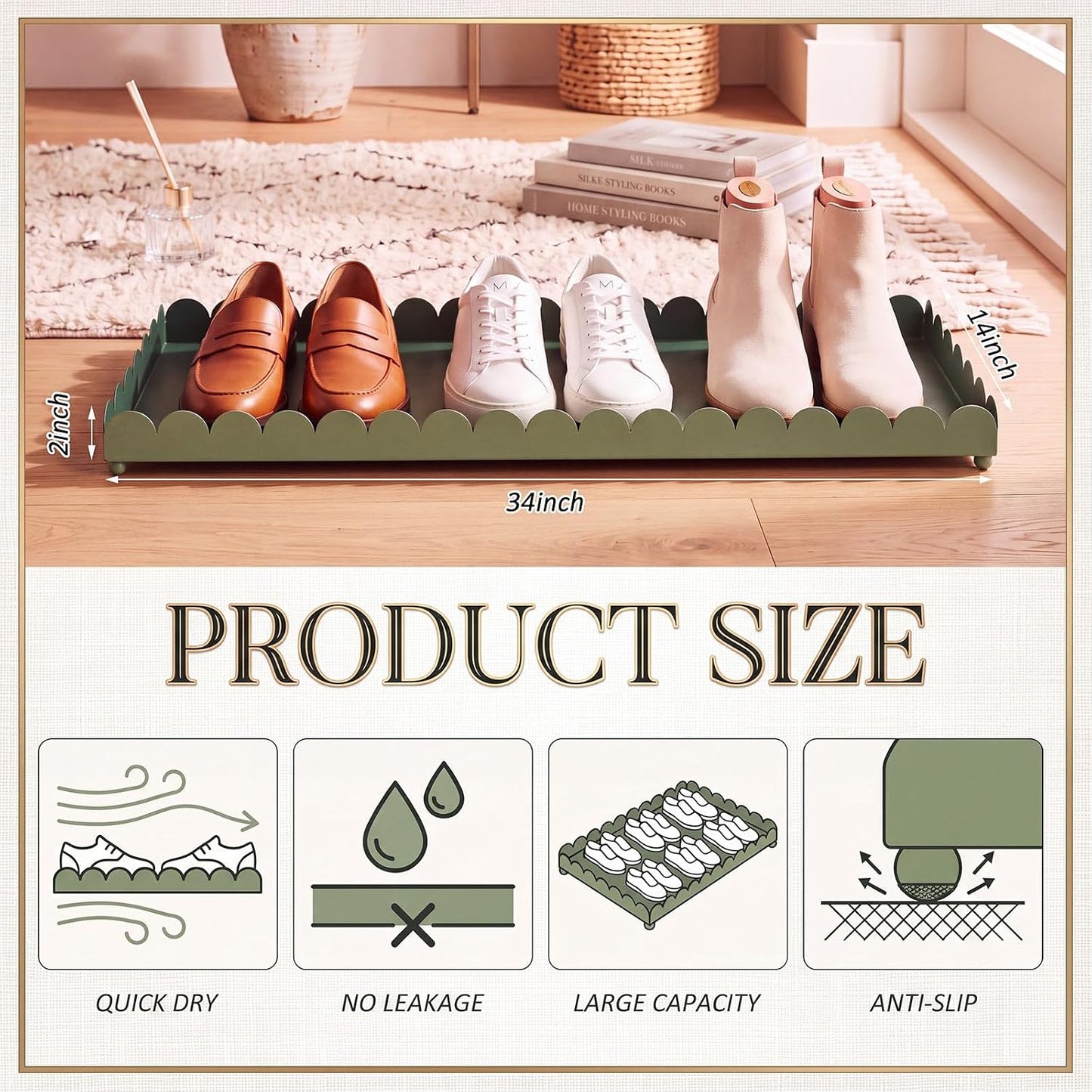 Sieral 34" x 14" x 2" Scalloped Large Metal Boot Tray, Heavy Duty Waterproof Iron Shoe Mat for Entryway Indoor/Outdoor, Multipurpose Shoe Tray for Boots, Plants, Front Door