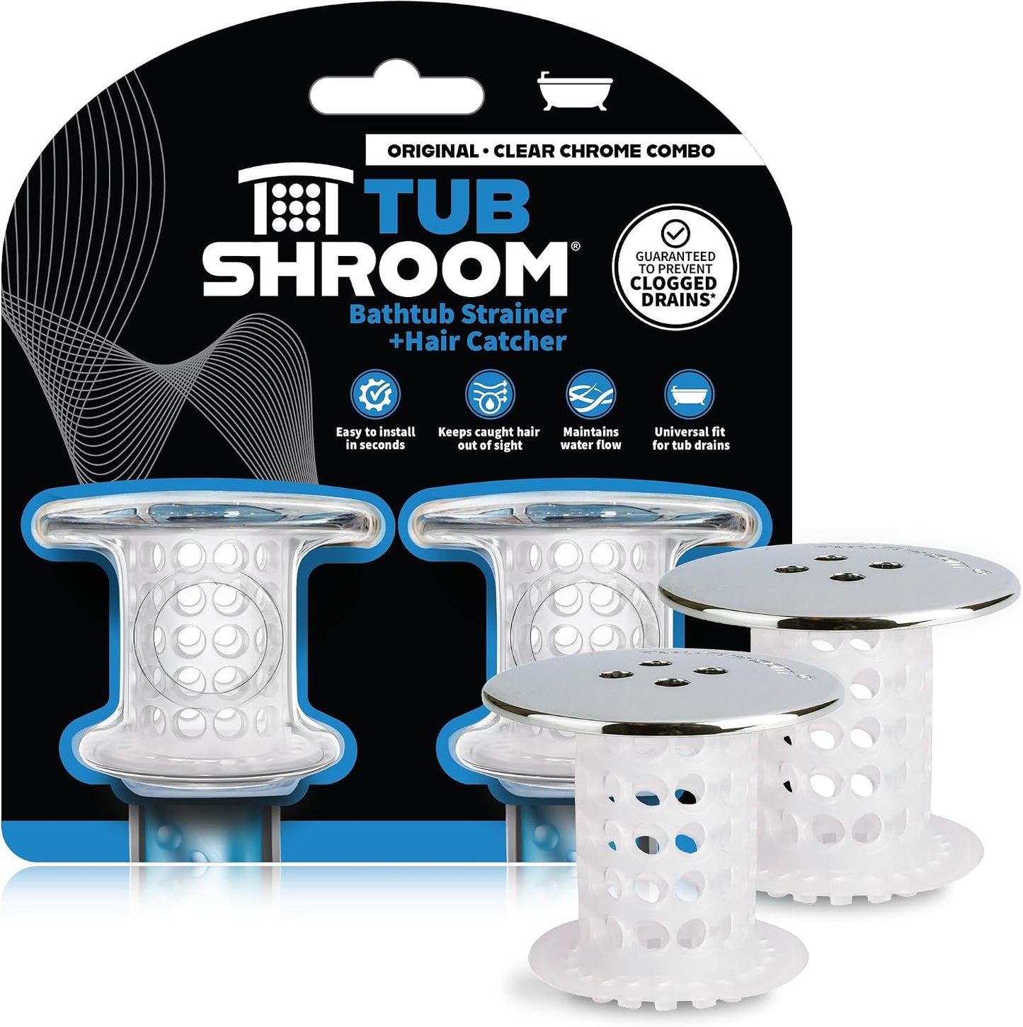 TubShroom Bathtub Drain Protector and Hair Catcher - 2 Pack, Chrome - Fits 1.5" - 1.75" Bathtub and Shower Drains