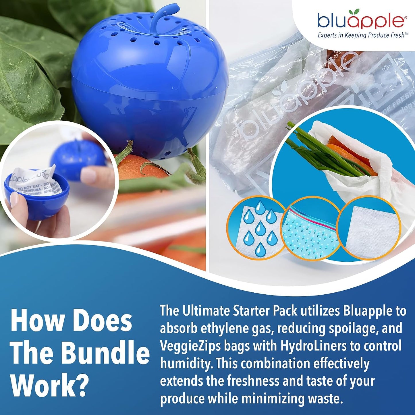 Bluapple Produce Saver Ethylene Gas Absorber - Fresh Fruit & Vegetable Storage for Refrigerator Crisper, Shelves & Fruit Bowls, Produce Keeper, Fruit Saver, Kitchen Must Haves, BPA-Free - 2-Pack