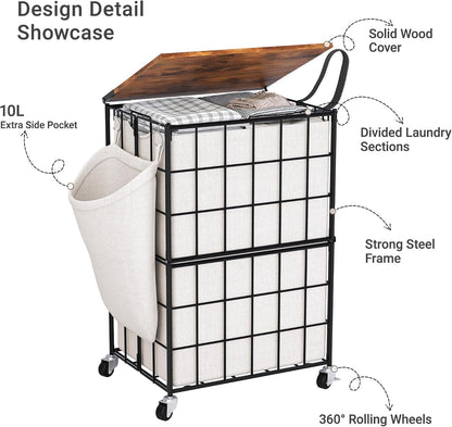 90L Laundry Basket with Wheels, Large Capacity Laundry Hamper with Removable Liner Bags, Heavy Duty Laundry Sorter with Solid Wood Lid & Leather Handles, Grey