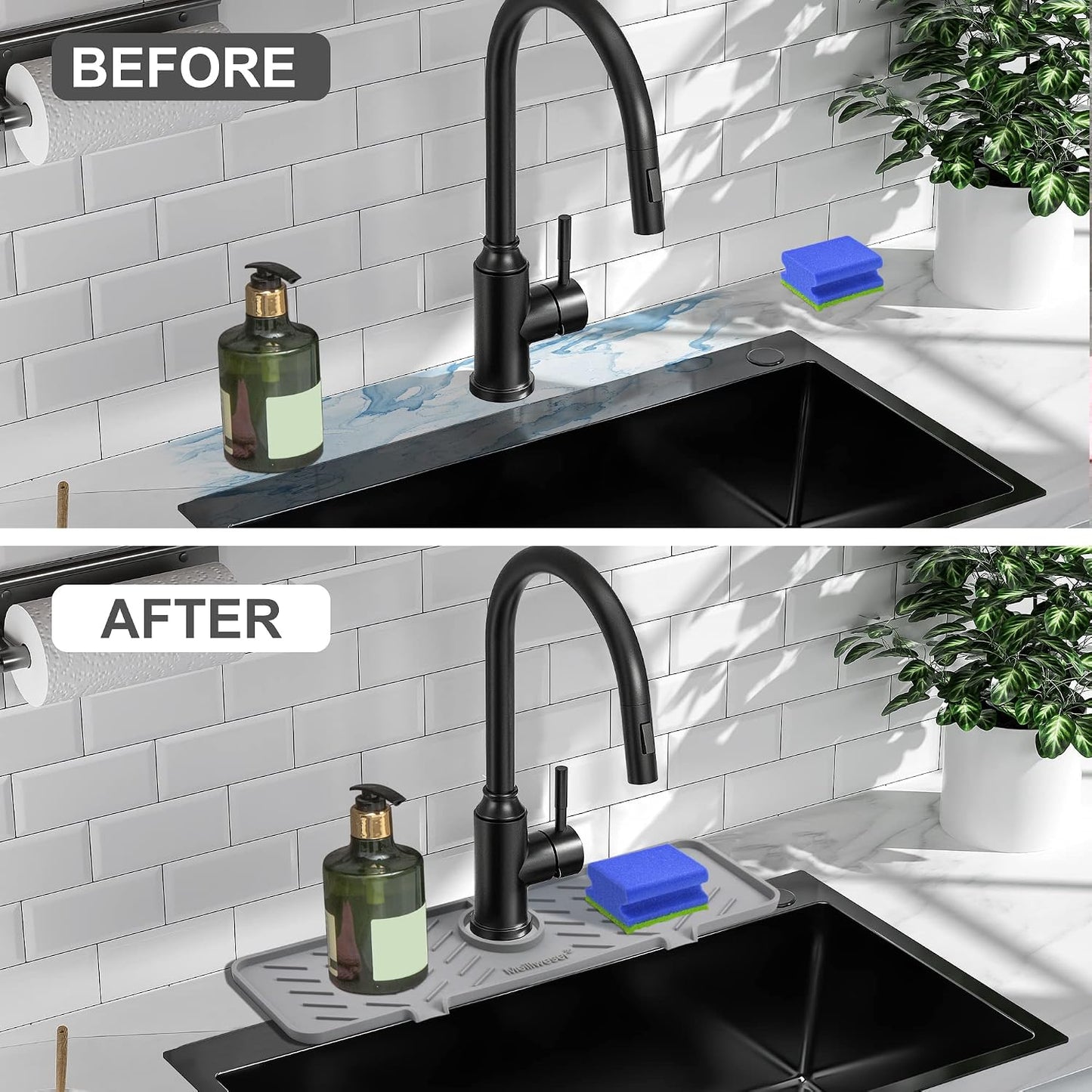 Silicone Faucet Mat for Kitchen Sink – Gen 2 Splash Guard with Upgraded Outlet & Slope – 18” x 5.1” Water Catcher & Sink Sponge Holder for Kitchen and Bathroom (Black)