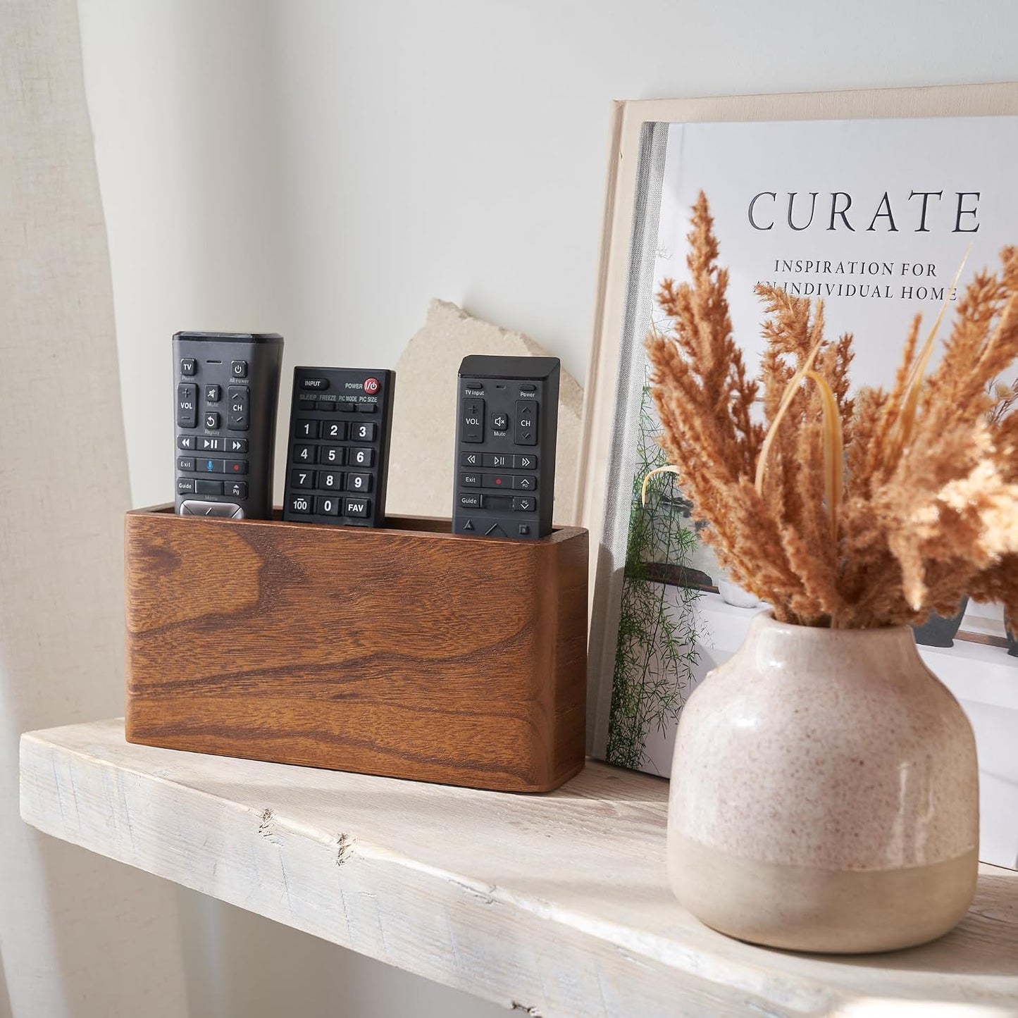 Wooden Remote Control Holder - Adhesive Wall Mount Caddy for 3-4 Remotes | Easy Install Natural Wood Organizer Keeps Them Neatly Organized - Perfect for Any Bed or Living Room Wall