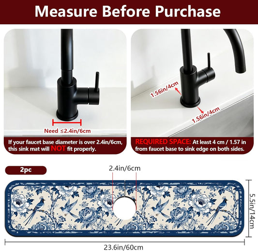 2 Pcs Kitchen Sink Splash Guard Faucet Mat Vintage Porcelain Flowers and Birds Pattern Faucet Mat for Sinks Absorbing Drying Mat for Kitchen Bathroom, 23.6x5.5inch