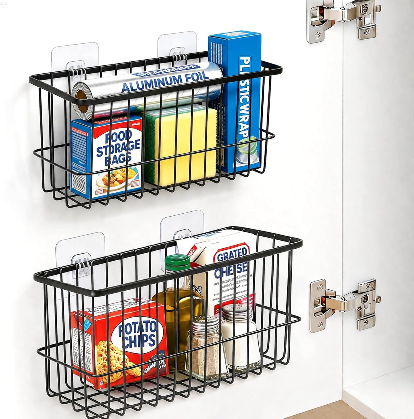 2 Pack Cabinet Door Organizer, Adhesive Wall Mounted Organizer Bins, Clear Storage Caddy, Stackable Basket for Kitchen Cabinets, Bathroom, Pantry, Office, and Tabletop Organization