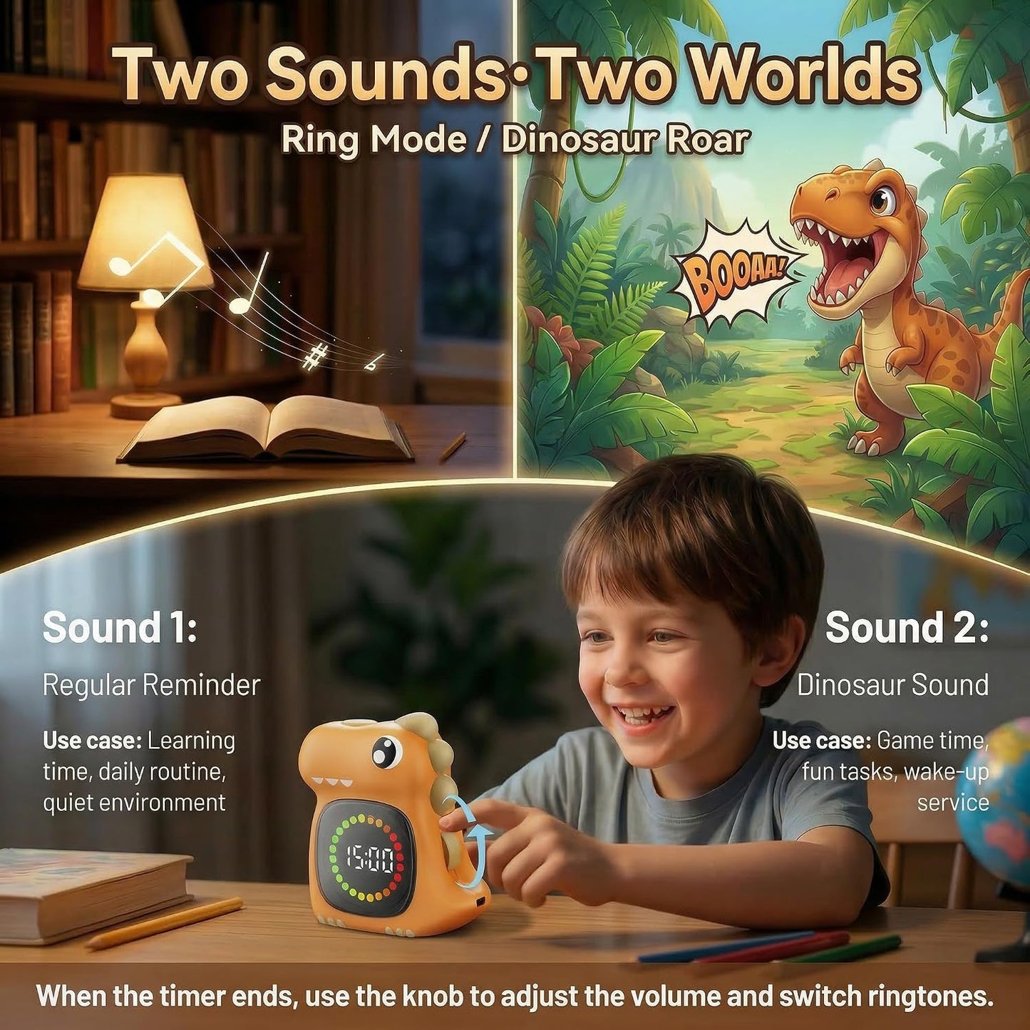 Visual Timer for Kids 99 Minute Digital Potty Training Timer for Homeschool | Dual sound; Dinosaur Look; Long Battery Life