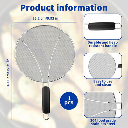 Splatter Screen for Frying Pan - 10’’ Stainless Steel Grease Splatter Guard with Grip Handle- Ultra Fine Mesh Cover Oil Splash when Sizzling Bacon, Cooking Fried Chicken or Popcorn
