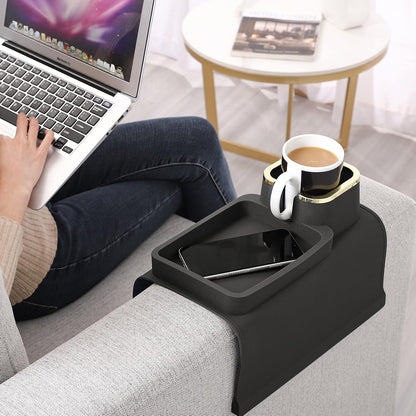 HMASYO Couch Cup Holder Tray – Weighted Silicone Sofa Armrest Organizer Table with Anti-Spill Coaster, Easy Reach for Drink, Snacks, Remote & Phone, Non-Slip Base, Easy Clean