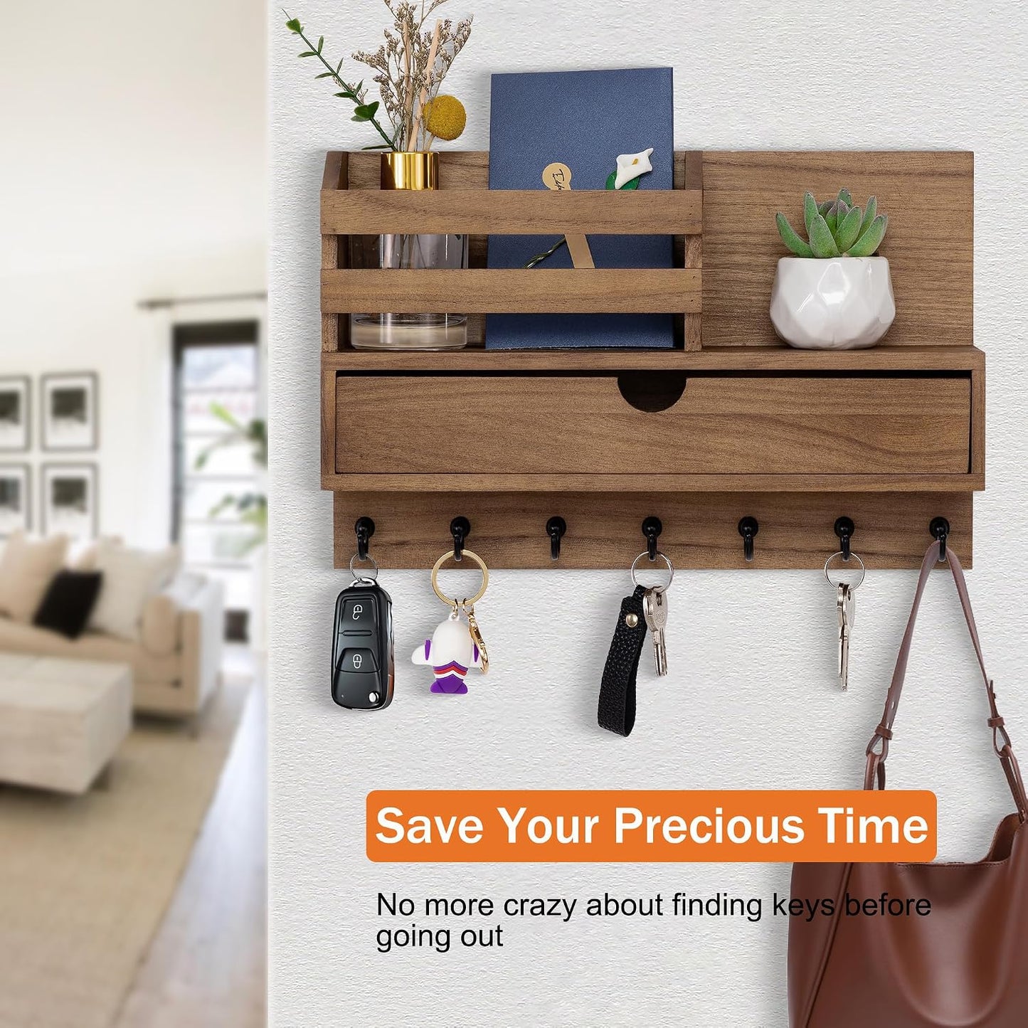 dreampossible Key and Mail Holder for Wall, Mail Organizer Wall Mount with 6 Hooks and Storage Drawer, Wooden Key Rack Hanger with Shelf for Entryway and Home Decor