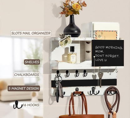 Key Holder for Wall Mount with Shelf and Mail Organizer, Key and Mail Holder with 16 Hooks, Farmhouse Entryway Organizer, Home Decor Rack (Pine Wood, White Washed)