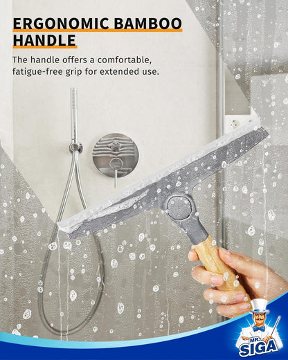 MR.SIGA Silicone Squeegee for Shower Door, Mirror, Glass, 10 inch, White | Streak free shower squeegee for windows, showers and glass surfaces, pivoting bamboo handle, includes 1 suction hook