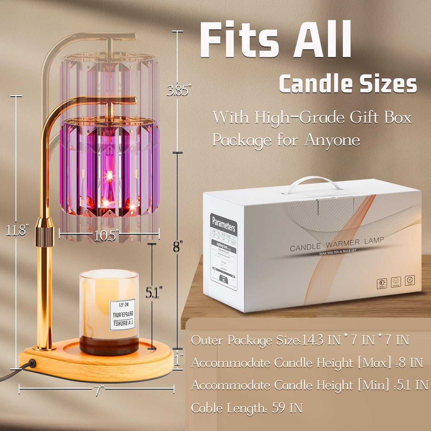 IN HAPPY Purple Candle Warmer Lamp with Timer & Dimmer, Gifts for Women, Housewarming Gifts for New Home, Adjustable Height Candle Warmer Lamp with 2 Bulbs for Jar Candles, Bedroom Home Decor