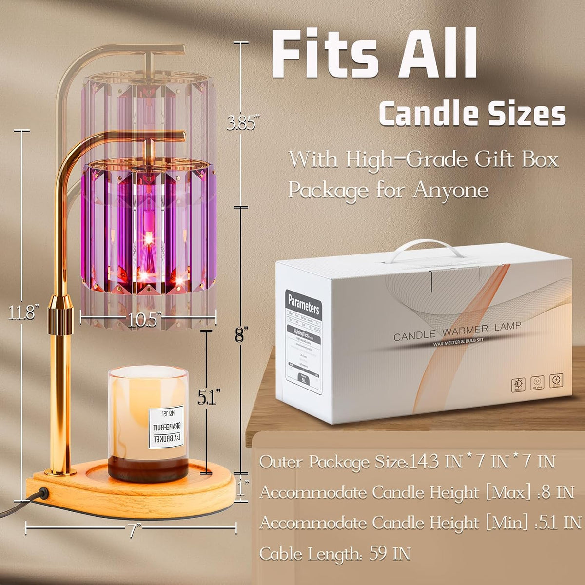 IN HAPPY Purple Candle Warmer Lamp with Timer & Dimmer, Gifts for Women, Housewarming Gifts for New Home, Adjustable Height Candle Warmer Lamp with 2 Bulbs for Jar Candles, Bedroom Home Decor
