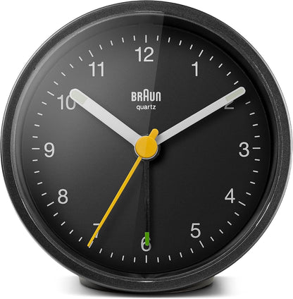 Braun Classic Analogue Alarm Clock with Snooze and Light, Quiet Quartz Movement, Crescendo Beep Alarm in Black, Model BC12B.