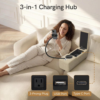 Couch Caddy with Cup Holder, 20.3 Inch White Armrest Console | Removable Sofa Armrest Organizer with Charging and Phone Holder, Storage for Remotes, Snacks and Everyday Essentials