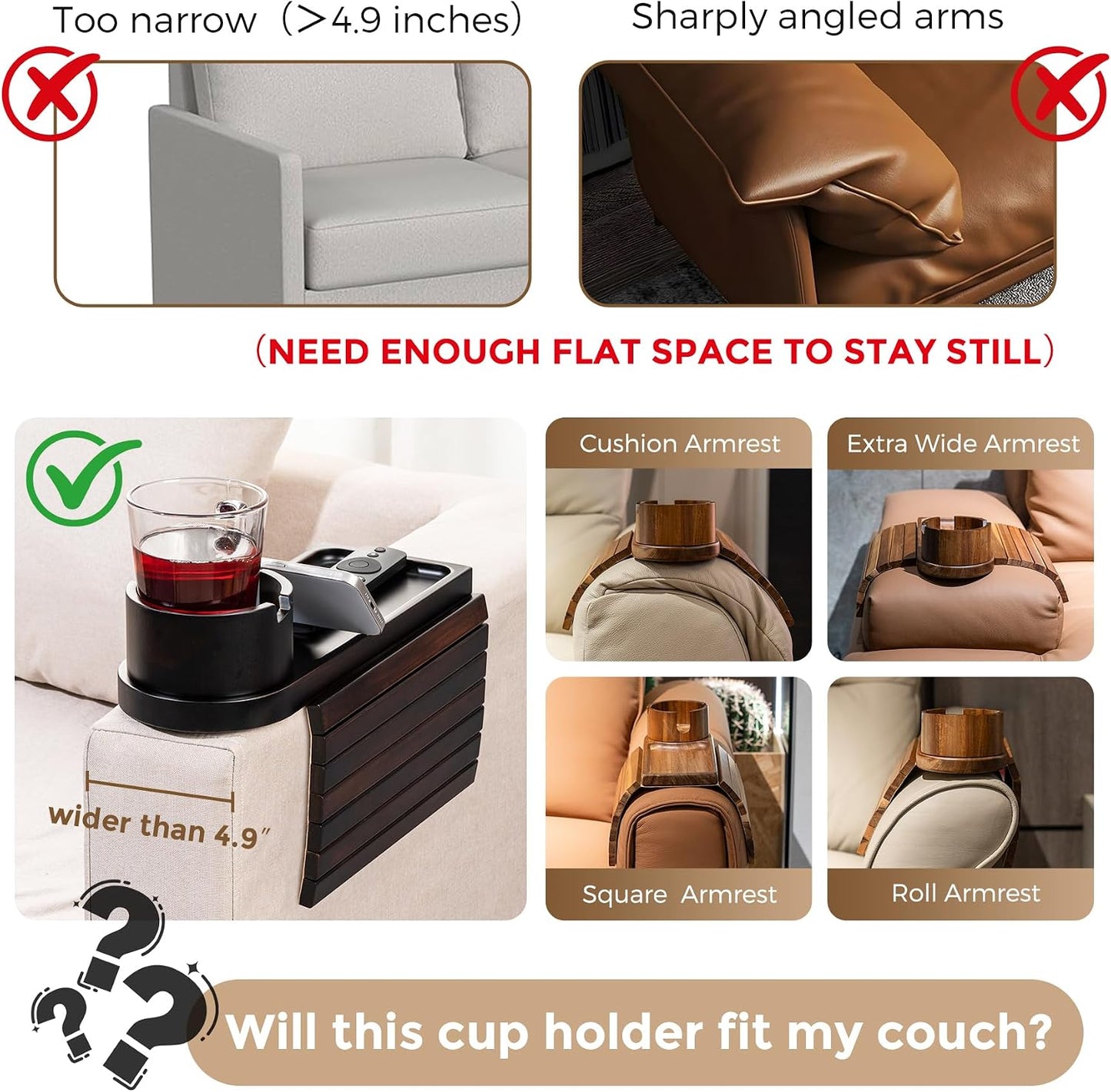 Couch Cup Holder for Armrests Over 4.9" Wide with 360° Phone Stand Walnut | Couch Arm Tray with 360° Rotating Phone Stand, 3 in 1 Foldable Sofa Arm Tray Table for Remote, Snacks, Phone, Drinks