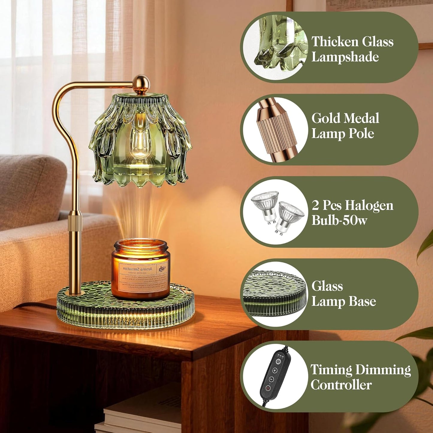 Candle Warmer Lamp with Timer Dimmer, Modern Wax Warmer for Scented Wax Jar Candle Warmer with 2 Bulbs, Adjustable Height Glass Lamp for Gifts for Women, Home Decor, Gold Amber