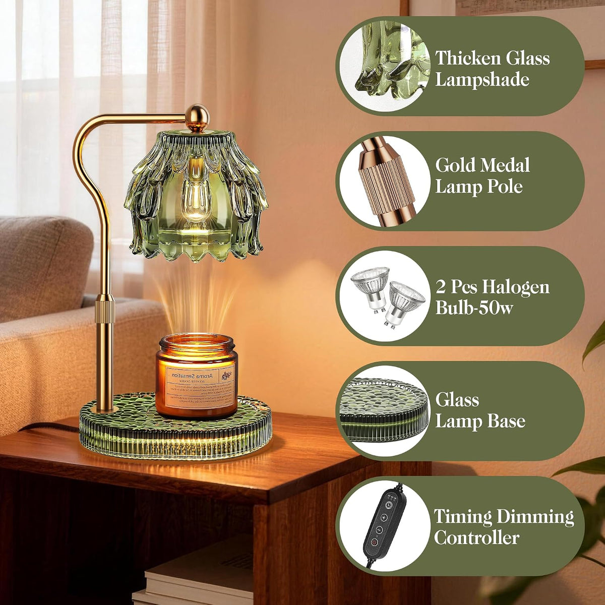 Candle Warmer Lamp with Timer Dimmer, Modern Wax Warmer for Scented Wax Jar Candle Warmer with 2 Bulbs, Adjustable Height Glass Lamp for Gifts for Women, Home Decor, Gold Amber