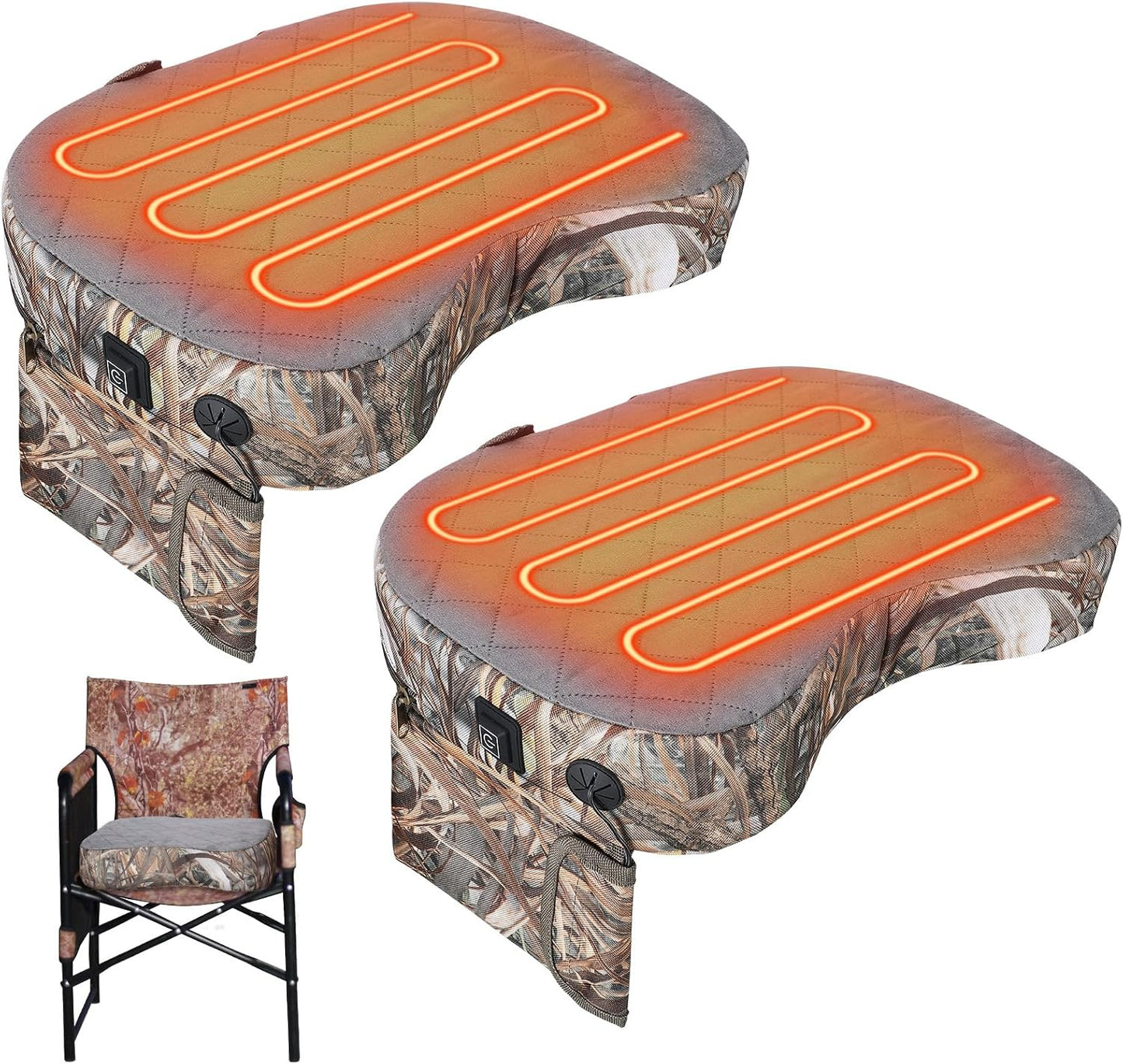 Thyle 2 Pcs Tree Stand Heated Seat Cushion Waterproof Hunting Reed Camo | USB Powered Heating, Foldable for Tree Stand Ice Fishing Camping, Portable Outdoor Use, Power Bank Not Included
