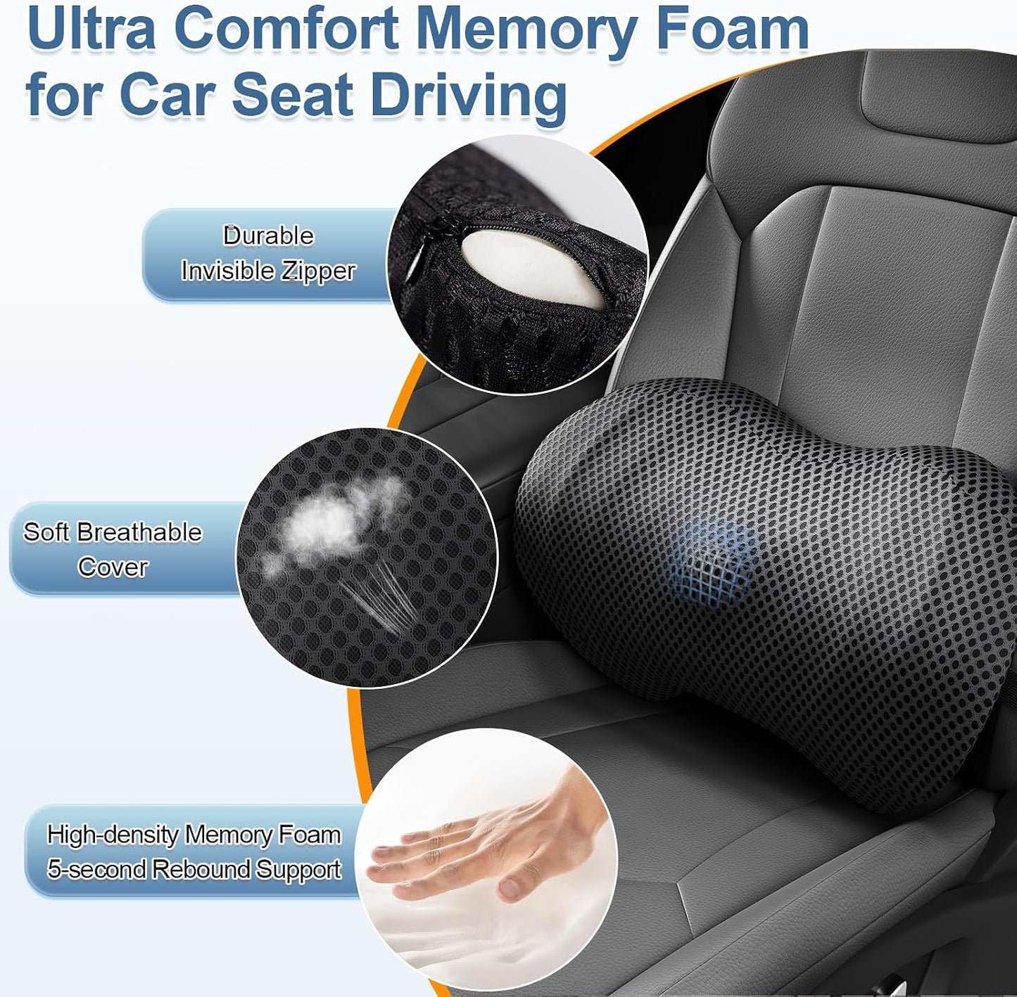 BYMECOST Lumbar Support Pillow for Car, Ergonomic Back Cushion | Memory Foam Lower Back Support Cushion with Strap for Driving, Lumbar Pillow for Pain Relief, for Office Chair, Long Sitting