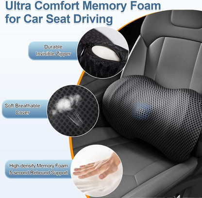 BYMECOST Lumbar Support Pillow for Car, Ergonomic Back Cushion | Memory Foam Lower Back Support Cushion with Strap for Driving, Lumbar Pillow for Pain Relief, for Office Chair, Long Sitting