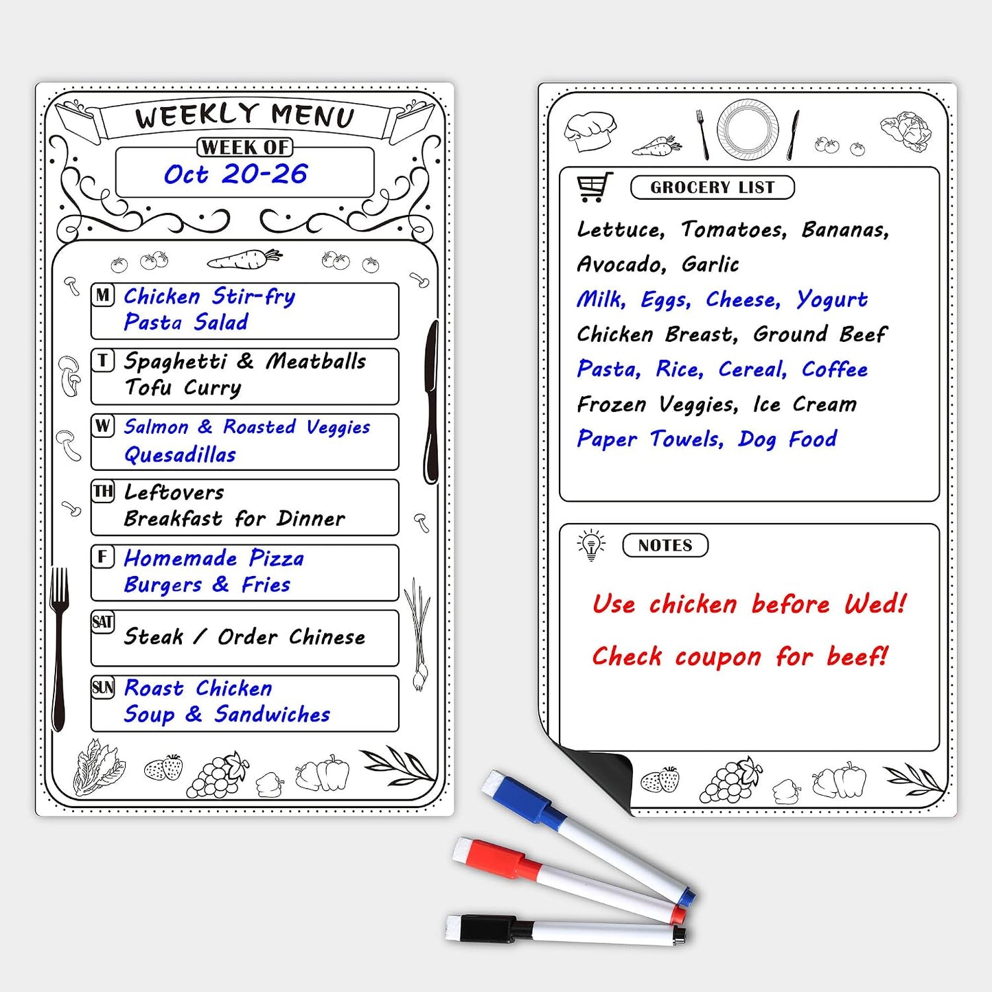 Magnetic Weekly Menu Planner for Fridge: 2 PCS 8x14 Inch Dry Erase Boards with Meal Plan and Grocery List, Dinner Calendar Magnets for Family Kitchen