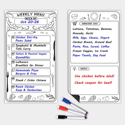 Magnetic Weekly Menu Planner for Fridge: 2 PCS 8x14 Inch Dry Erase Boards with Meal Plan and Grocery List, Dinner Calendar Magnets for Family Kitchen