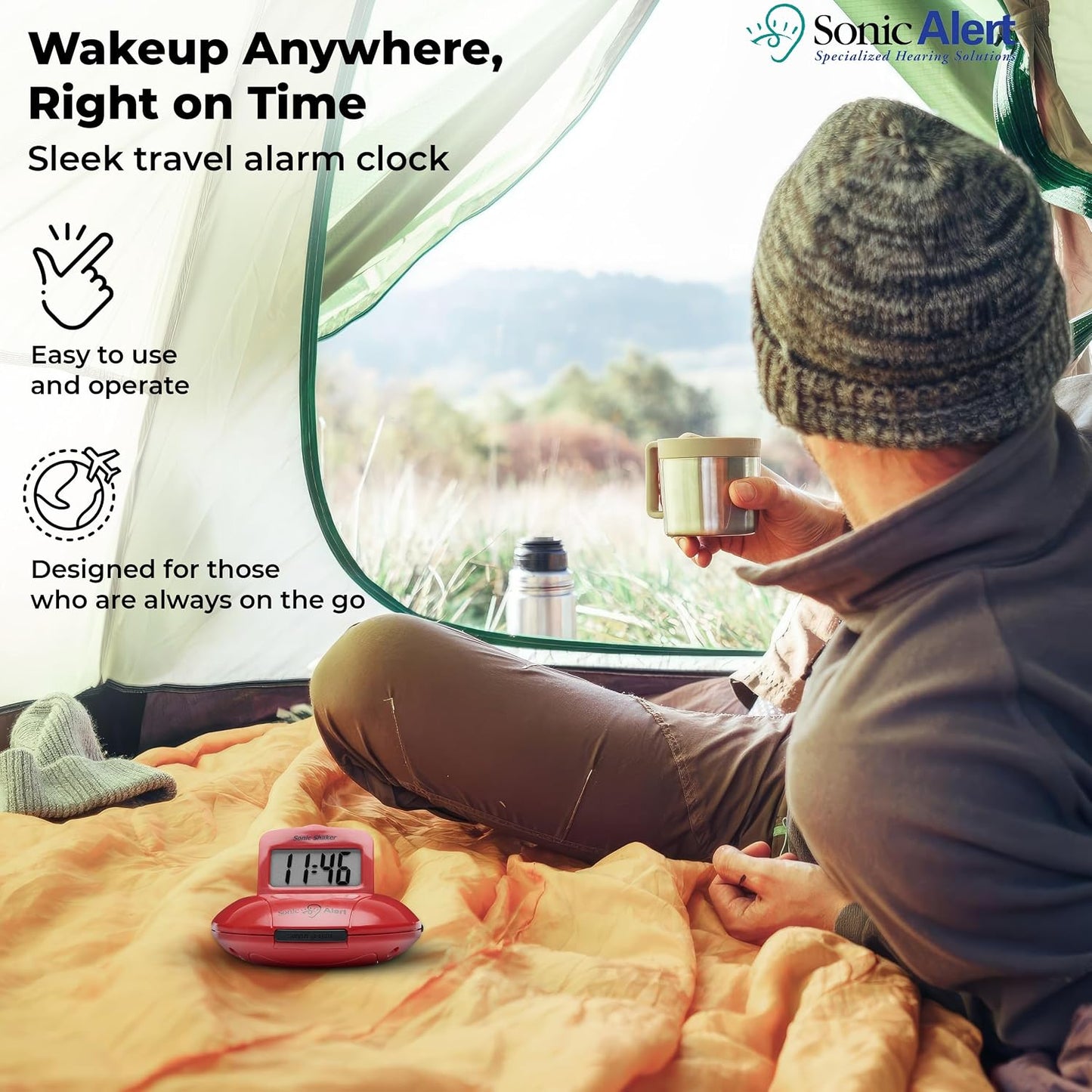 Sonic Alert Digital Alarm Clock - Small Travel Clocks for Heavy Sleepers - Battery Operated with Vibrating Bed Shaker - Red