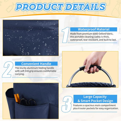 17L Cleaning Caddy with Handle & 6 Pockets, Foldable Cleaning Supply | Portable Shower Caddy, 600D Oxford Fabric Storage Basket for Home, Camping, Gardening, Bathroom