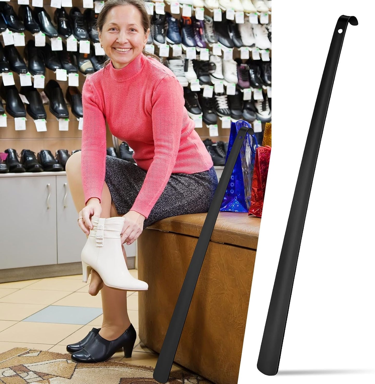2 Pcs 31.5'' Extra Long Metal Shoe Horn for Elderly, Silver | Shoehorn Dressing Stick for Senior Disabled Men Women Limited Mobility, Standing Reach Assist, No Bending Needed