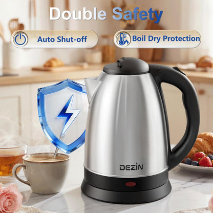 DEZIN 2L Electric Kettle, Fast Boil Electric Tea Kettle, 1000W Water Boiler | BPA-Free Electric Water Kettle Stainless Steel, Auto Shut-Off & Boil-Dry Protection, Ideal for Boiling Water, Coffee, Tea